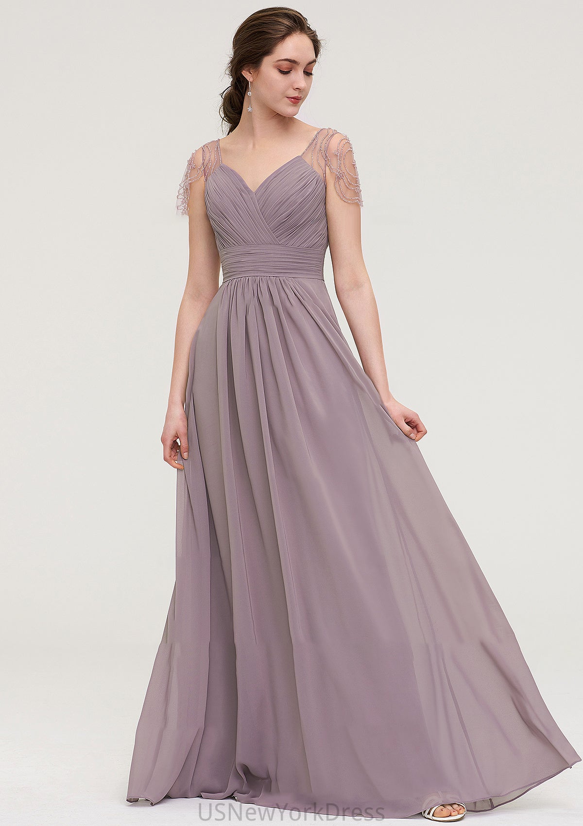 Short Sleeve Sweetheart Long/Floor-Length Chiffon A-line/Princess Bridesmaid Dresses With Pleated Beading Jayden DJP0025487