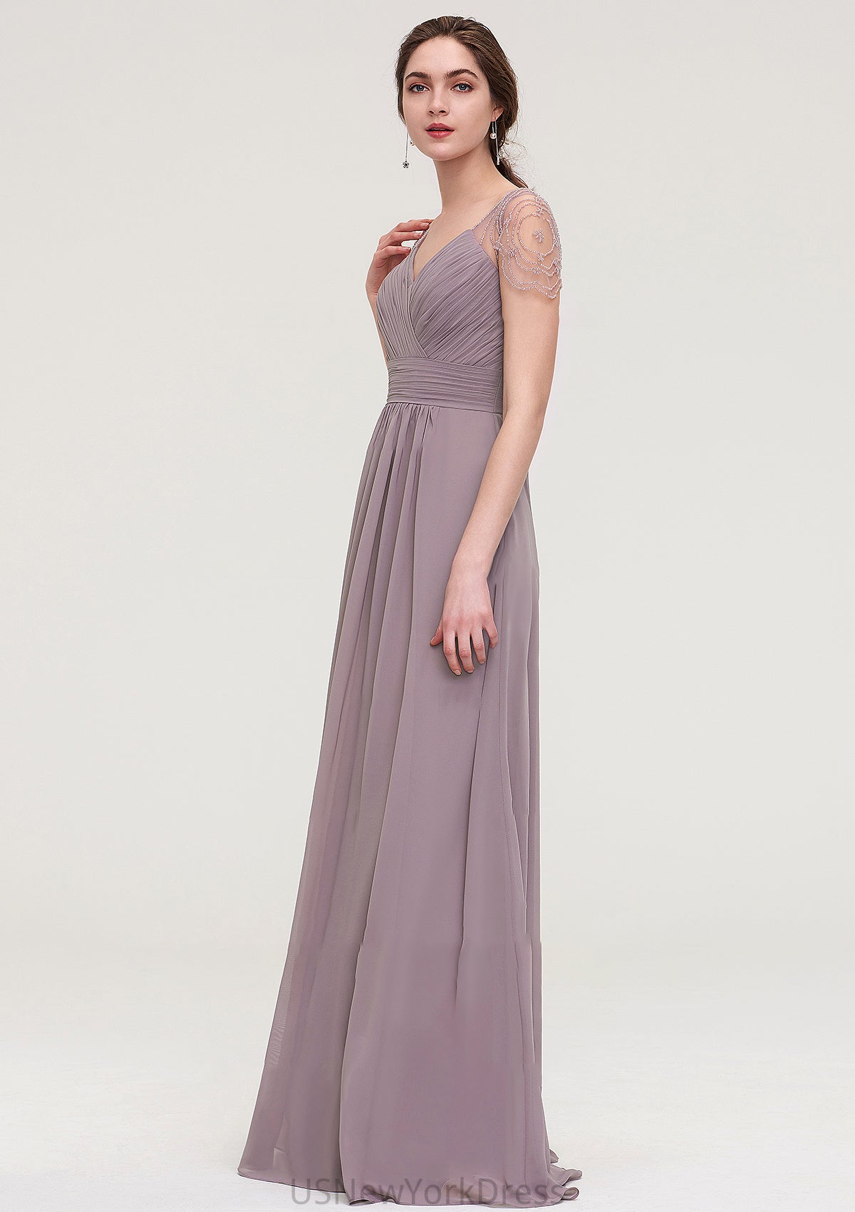 Short Sleeve Sweetheart Long/Floor-Length Chiffon A-line/Princess Bridesmaid Dresses With Pleated Beading Jayden DJP0025487