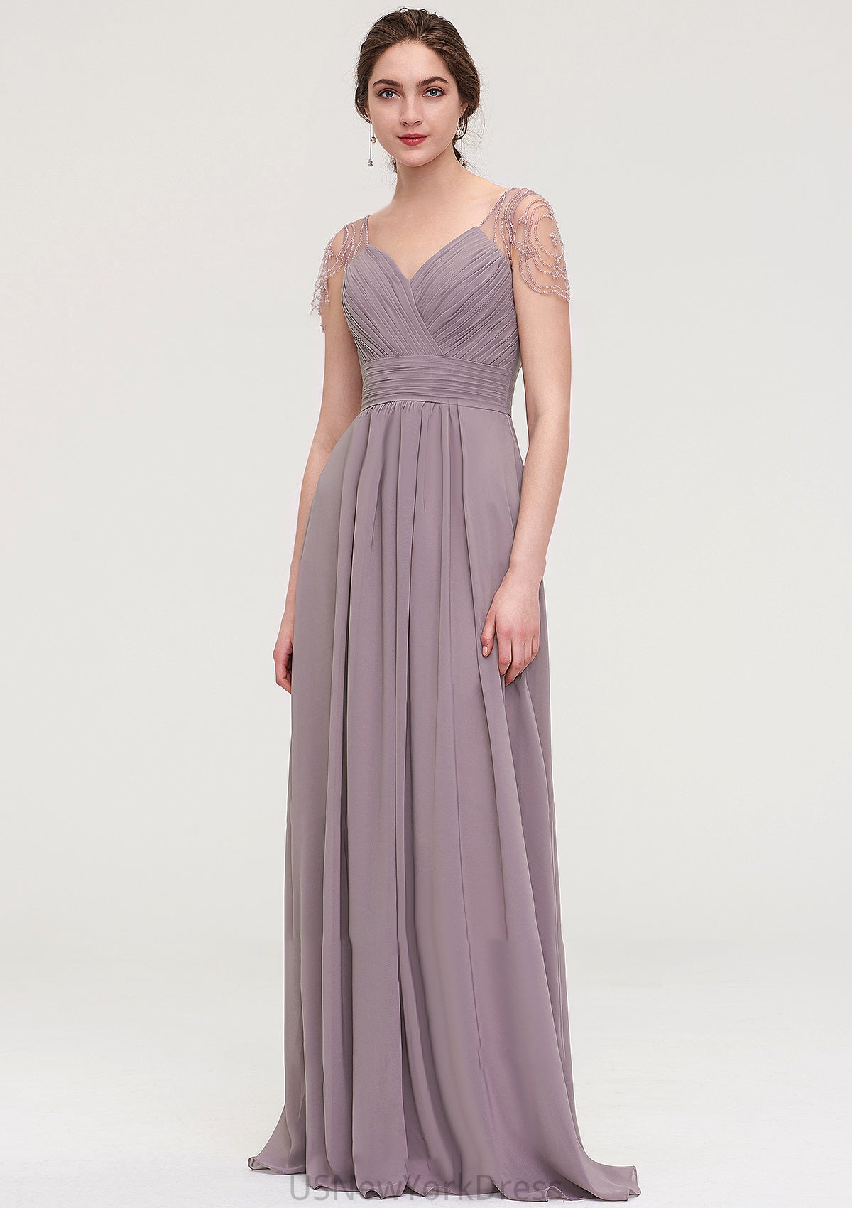 Short Sleeve Sweetheart Long/Floor-Length Chiffon A-line/Princess Bridesmaid Dresses With Pleated Beading Jayden DJP0025487