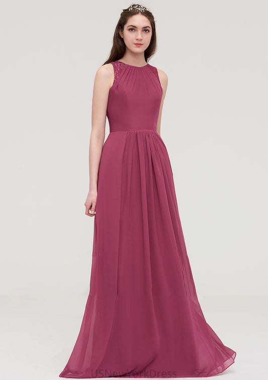 Bateau Sleeveless Long/Floor-Length Chiffon A-line/Princess Bridesmaid Dresses With Lace Pleated Zaria DJP0025488