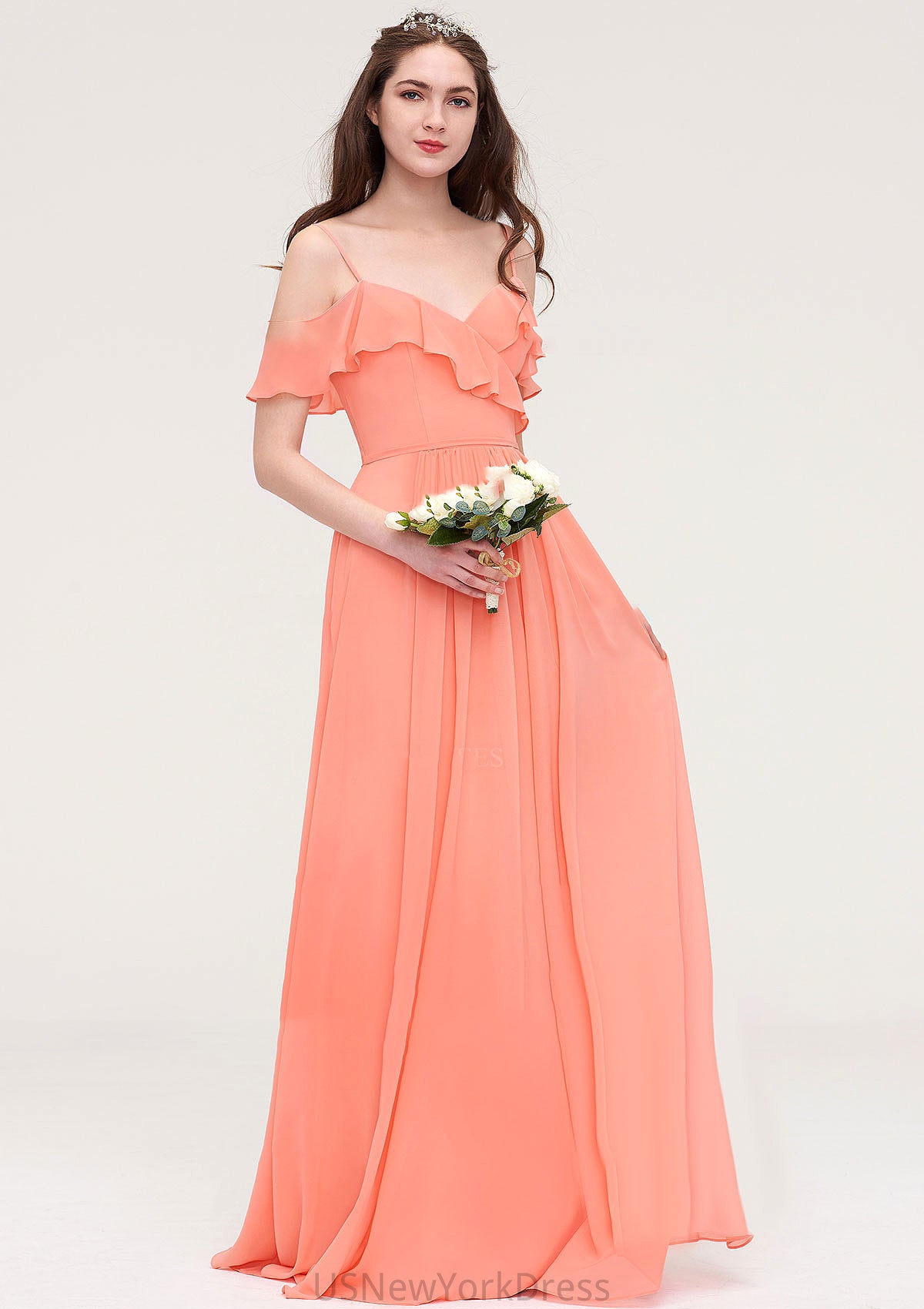 Sleeveless Sweetheart Long/Floor-Length Chiffon A-line/Princess Bridesmaid Dresses With Pleated Coral DJP0025492