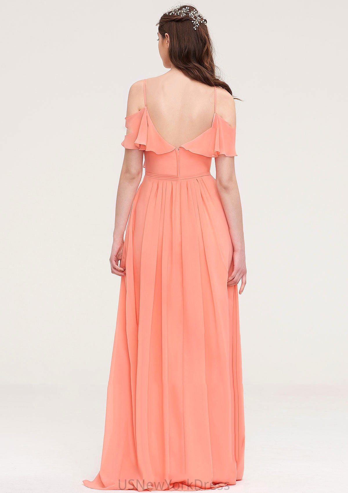 Sleeveless Sweetheart Long/Floor-Length Chiffon A-line/Princess Bridesmaid Dresses With Pleated Coral DJP0025492