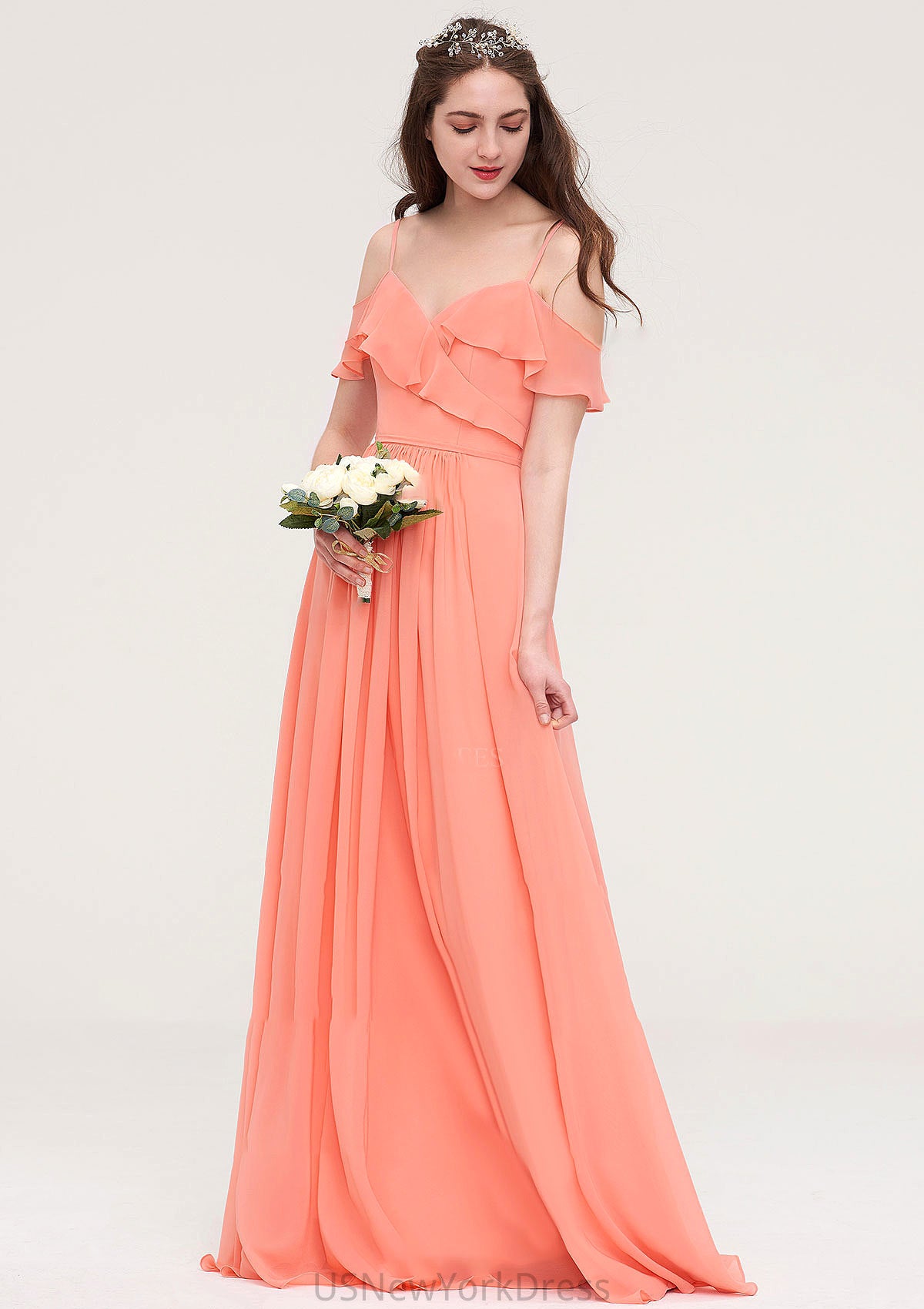 Sleeveless Sweetheart Long/Floor-Length Chiffon A-line/Princess Bridesmaid Dresses With Pleated Coral DJP0025492