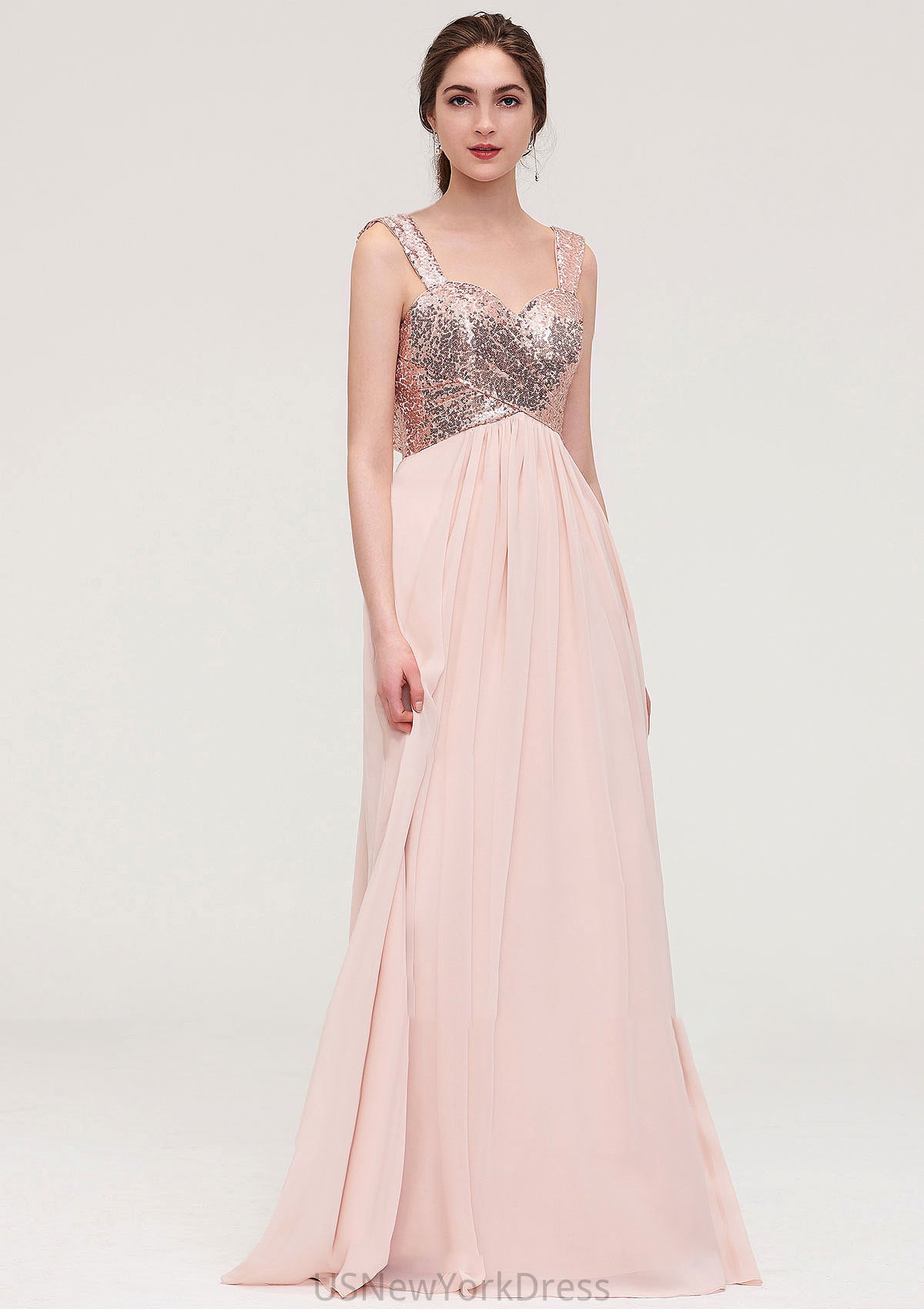 Sleeveless Long/Floor-Length Sweetheart A-line/Princess Chiffon Bridesmaid Dresses With Pleated Sequins Phoebe DJP0025494