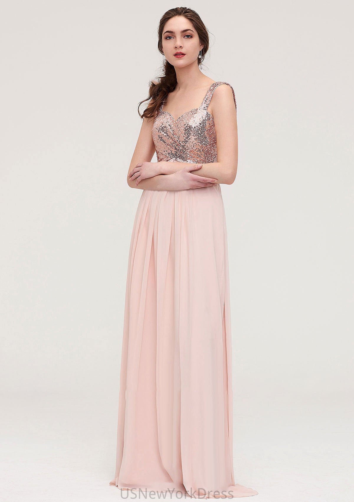 Sleeveless Long/Floor-Length Sweetheart A-line/Princess Chiffon Bridesmaid Dresses With Pleated Sequins Phoebe DJP0025494