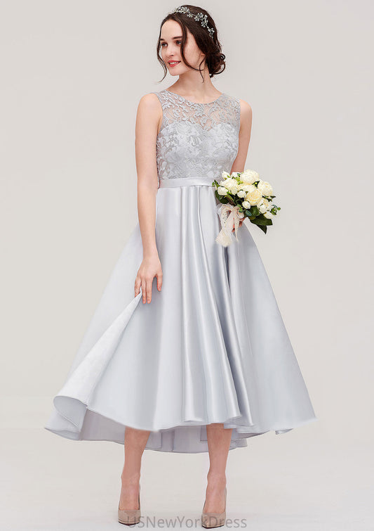 Bateau Sleeveless Tea-Length Satin A-line/Princess Bridesmaid Dresses With Sashes Lace Abby DJP0025495