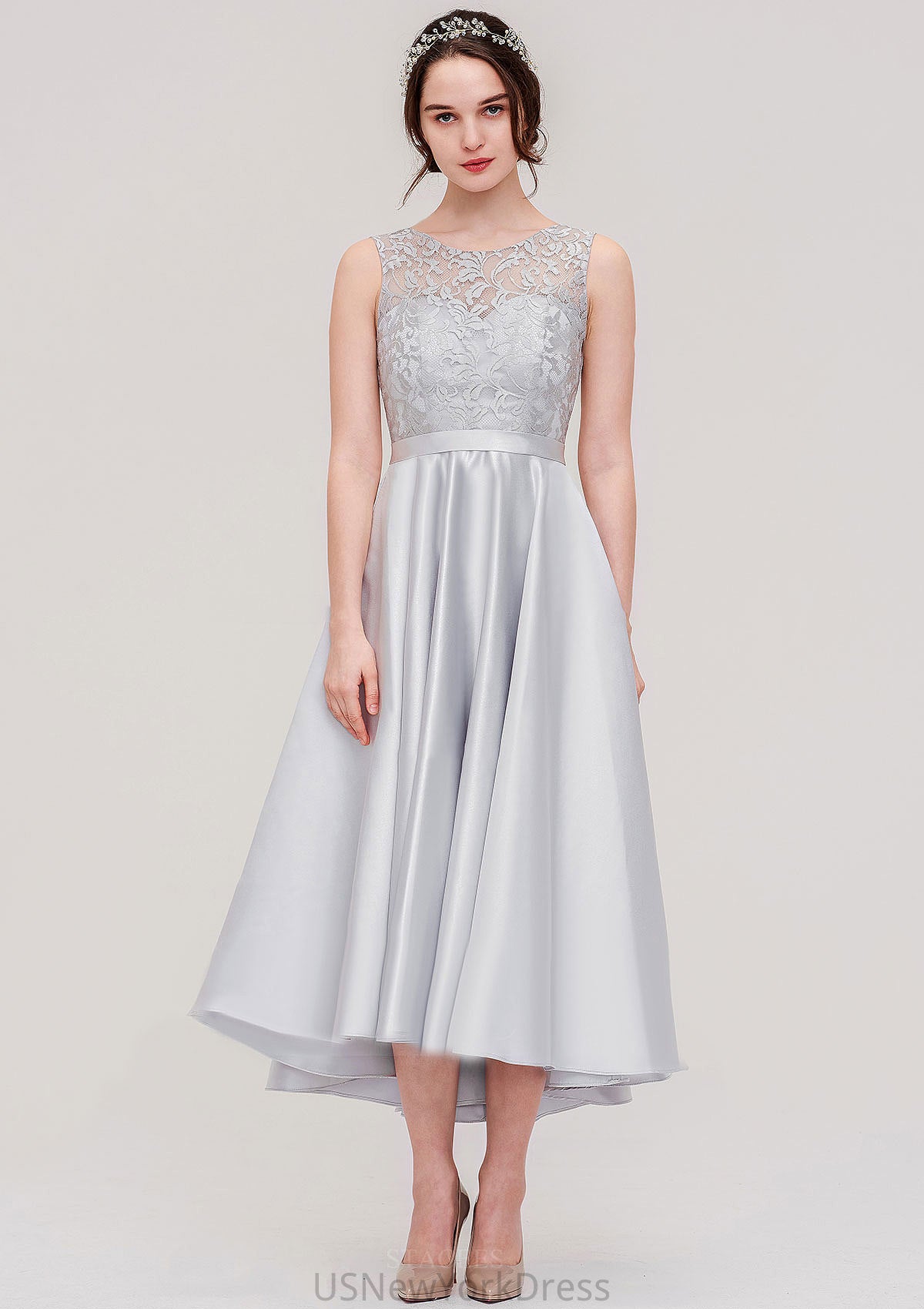 Bateau Sleeveless Tea-Length Satin A-line/Princess Bridesmaid Dresses With Sashes Lace Abby DJP0025495