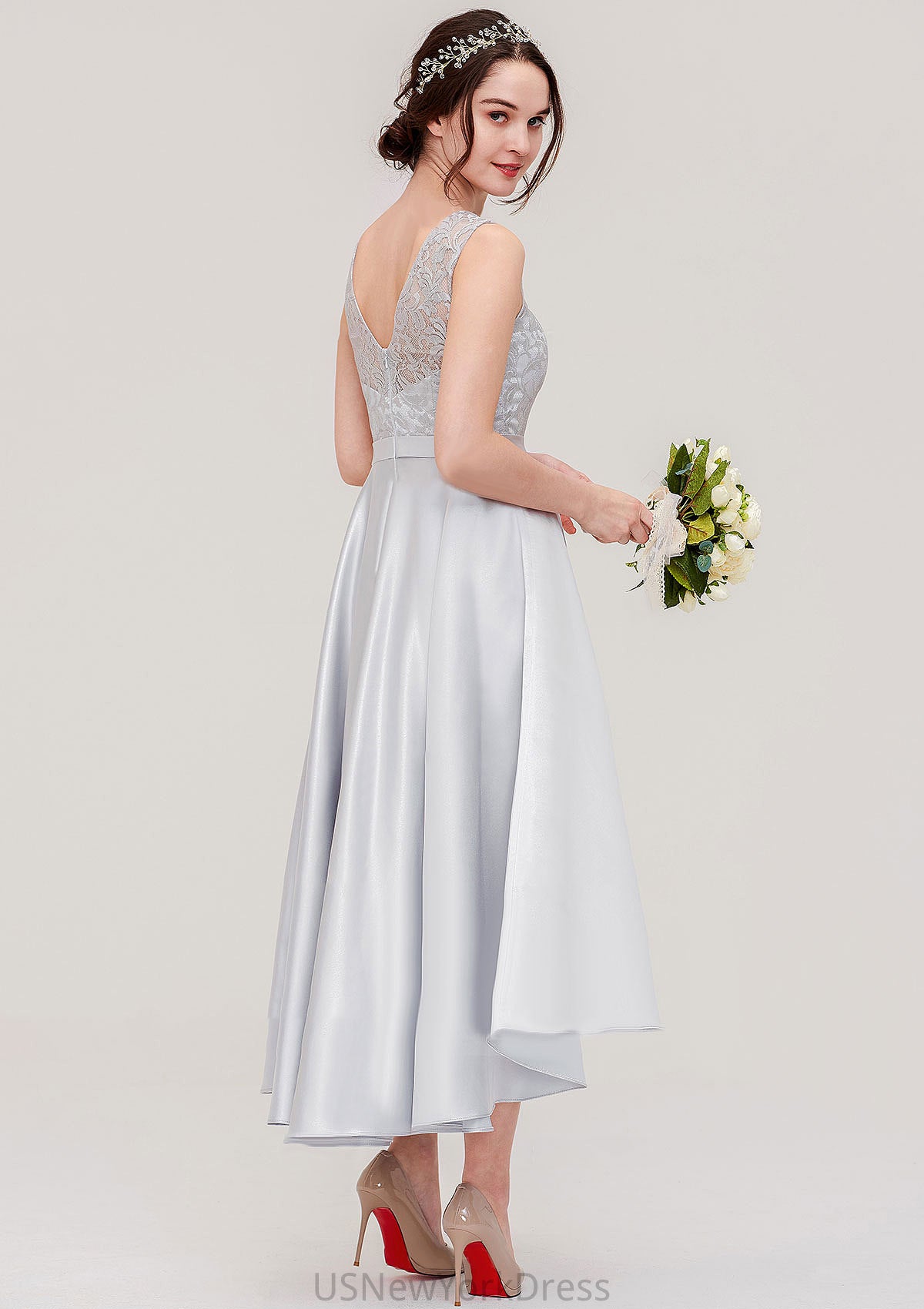 Bateau Sleeveless Tea-Length Satin A-line/Princess Bridesmaid Dresses With Sashes Lace Abby DJP0025495