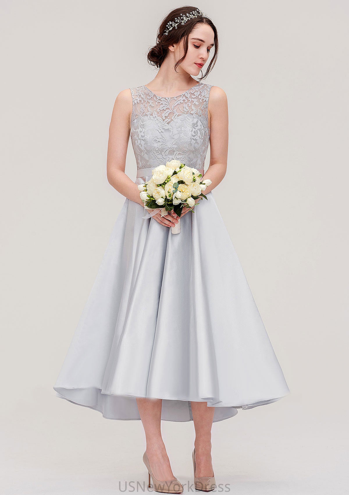 Bateau Sleeveless Tea-Length Satin A-line/Princess Bridesmaid Dresses With Sashes Lace Abby DJP0025495