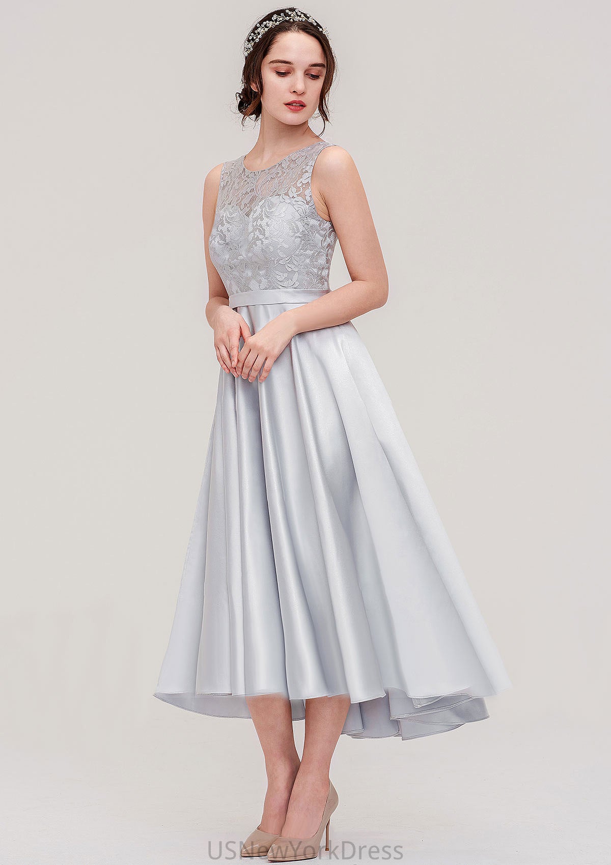 Bateau Sleeveless Tea-Length Satin A-line/Princess Bridesmaid Dresses With Sashes Lace Abby DJP0025495