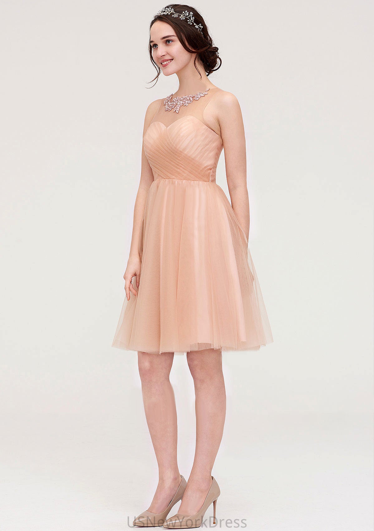 Bateau Sleeveless A-line/Princess Tulle Knee-Length Bridesmaid Dresses With Pleated Beading Nita DJP0025498