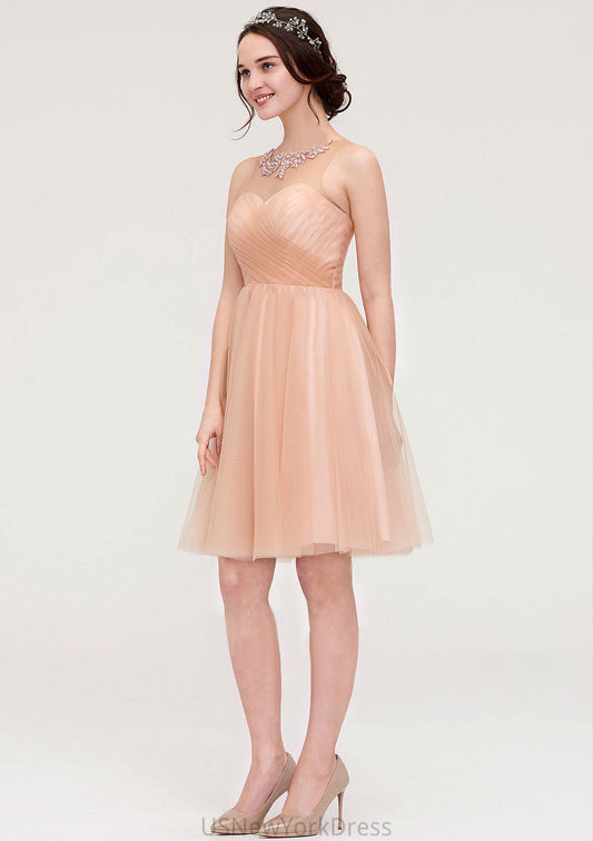 Bateau Sleeveless A-line/Princess Tulle Knee-Length Bridesmaid Dresses With Pleated Beading Nita DJP0025498