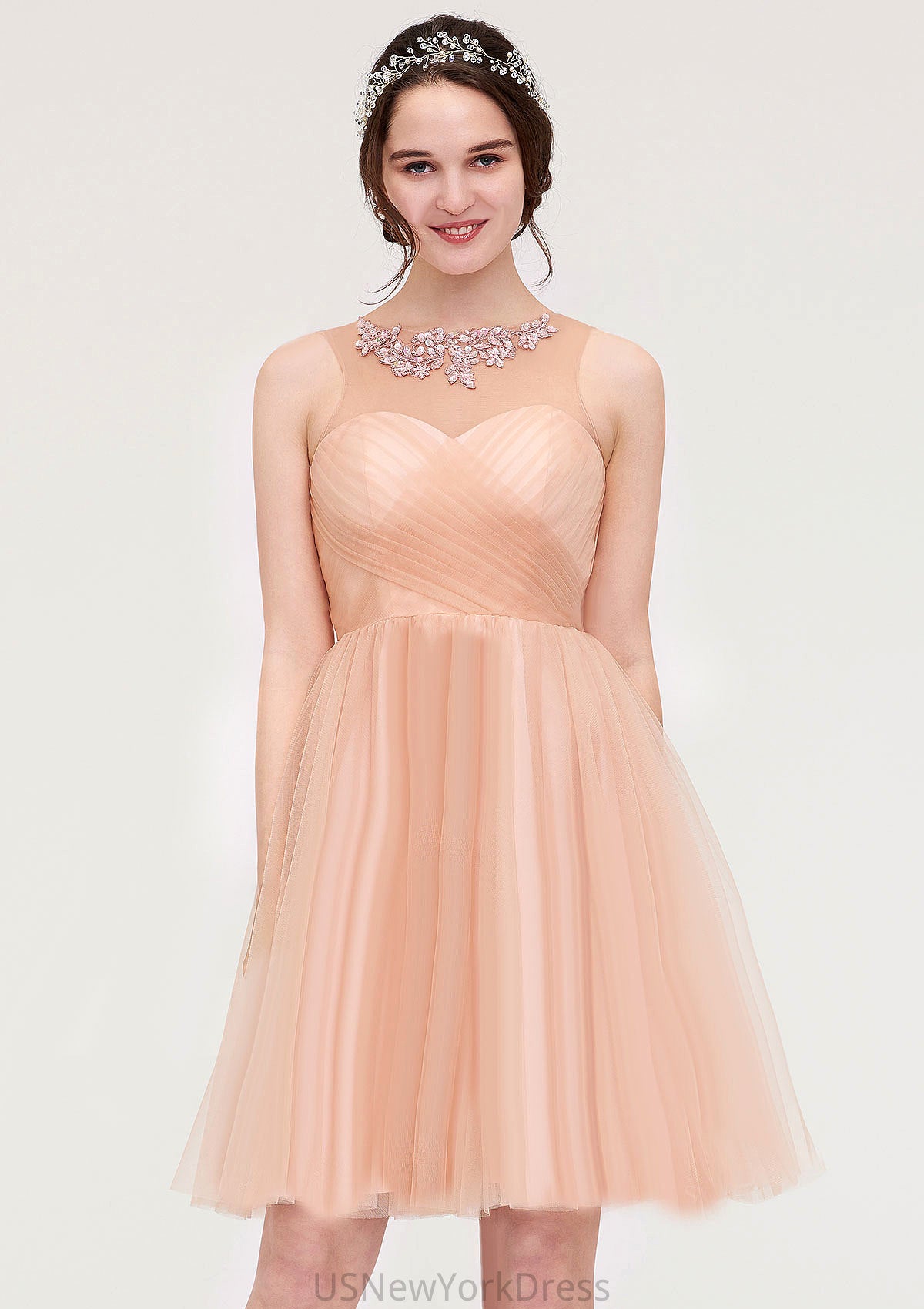 Bateau Sleeveless A-line/Princess Tulle Knee-Length Bridesmaid Dresses With Pleated Beading Nita DJP0025498