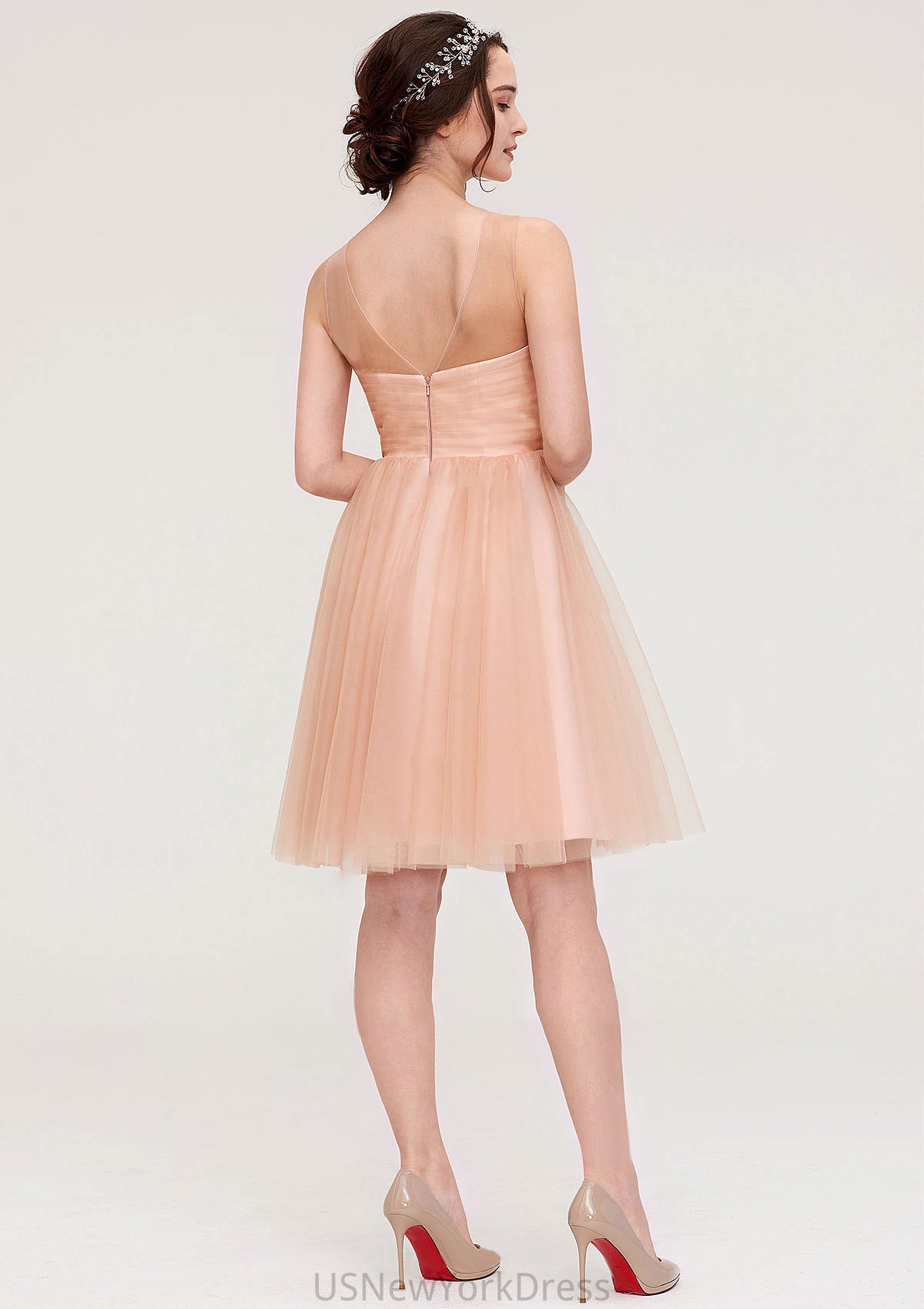 Bateau Sleeveless A-line/Princess Tulle Knee-Length Bridesmaid Dresses With Pleated Beading Nita DJP0025498