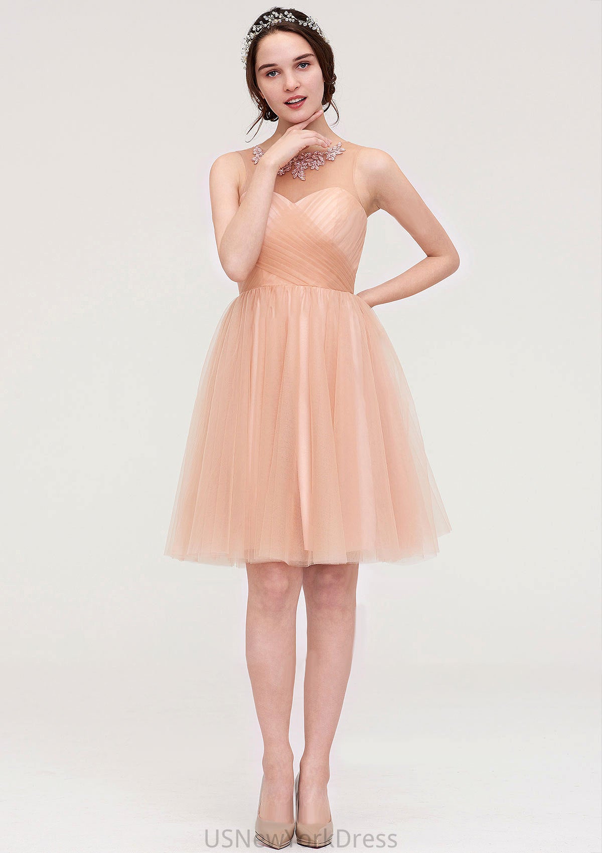 Bateau Sleeveless A-line/Princess Tulle Knee-Length Bridesmaid Dresses With Pleated Beading Nita DJP0025498