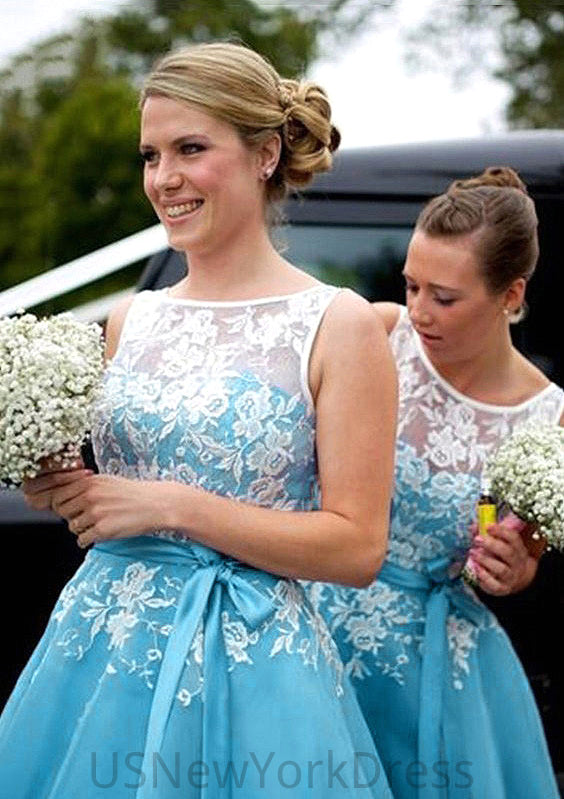 Bateau A-Line/Princess Tea-Length Organza Bridesmaid Dresses With Appliqued Maisie DJP0025504