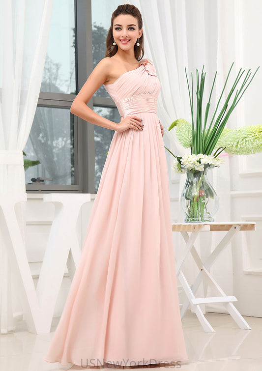 Sleeveless One-Shoulder Long/Floor-Length A-line/Princess Chiffon Bridesmaid Dresses With Pleated Shoulder Flower Kaitlyn DJP0025507