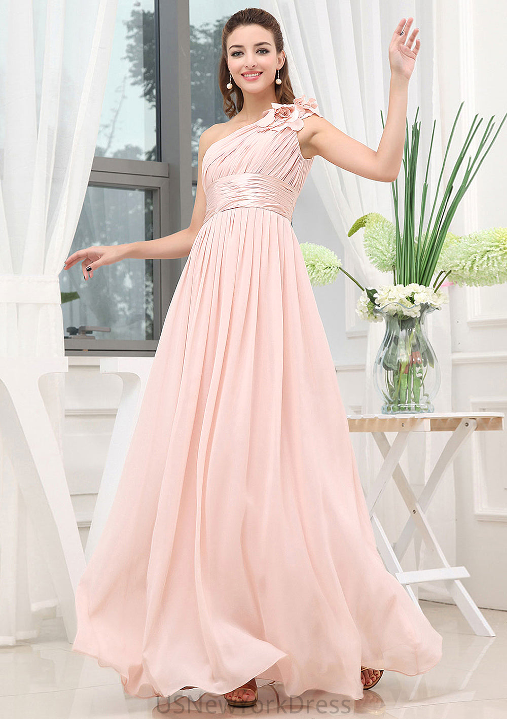 Sleeveless One-Shoulder Long/Floor-Length A-line/Princess Chiffon Bridesmaid Dresses With Pleated Shoulder Flower Kaitlyn DJP0025507