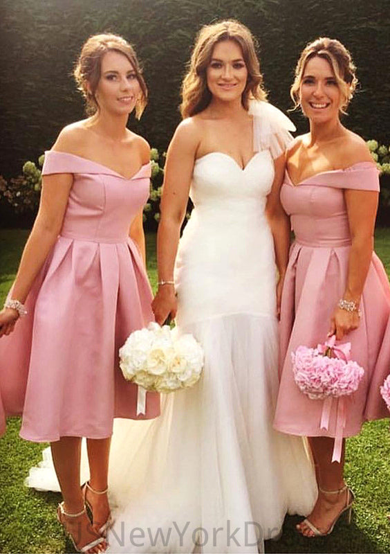 Sleeveless Off-the-Shoulder Tea-Length A-line/Princess Satin Bridesmaid Dresseses With Pleated Krista DJP0025508