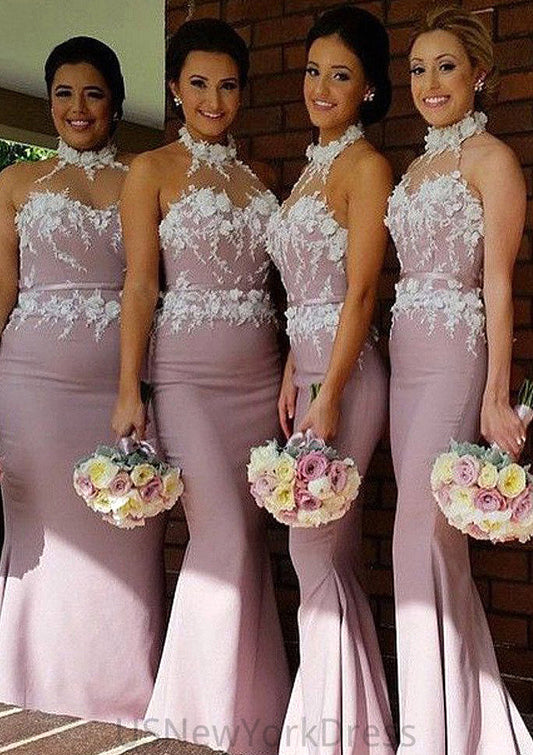 Halter Sleeveless Sweep Train Sheath/Column Satin Bridesmaid Dresses With Appliqued Kylee DJP0025515