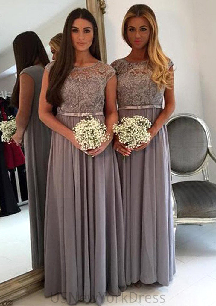 Bateau A-Line/Princess Long/Floor-Length Chiffon Bridesmaid Dresses With Appliqued Dayana DJP0025517