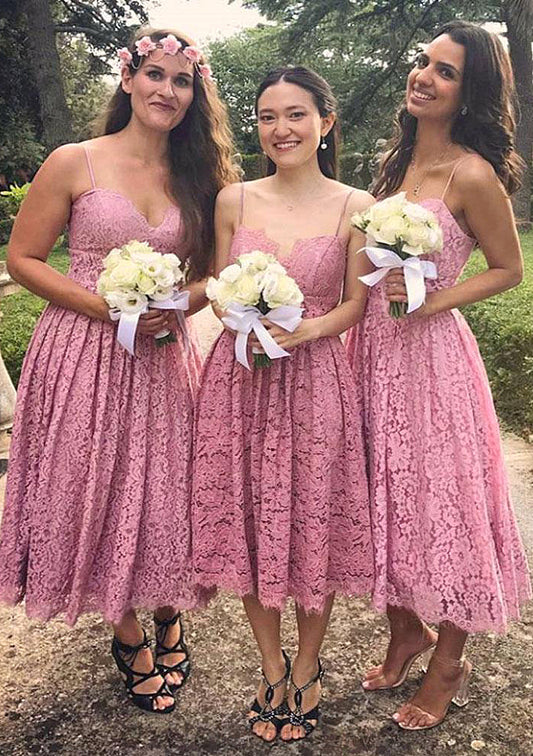 Sleeveless Sweetheart Tea-Length A-line/Princess Lace Bridesmaid Dresseses With Pleated Sydney DJP0025518