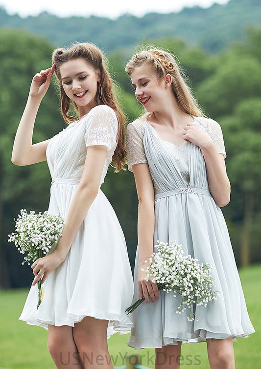 Short/Mini Scalloped Neck Short Sleeve Chiffon A-line/Princess Bridesmaid Dresseses With Lace Presley DJP0025520