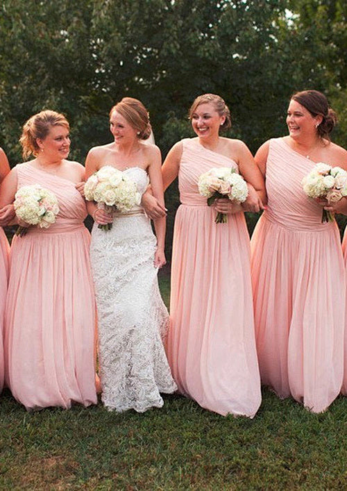 One-Shoulder A-Line/Princess Long/Floor-Length Chiffon Bridesmaid Dresses With Pleated Elyse DJP0025529