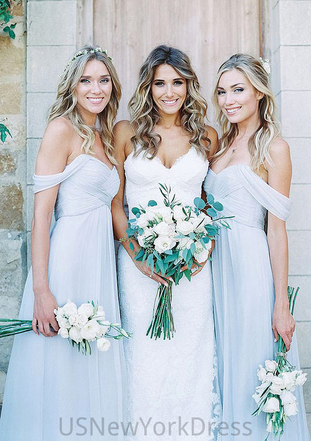 Off-The-Shoulder A-Line/Princess Long/Floor-Length Chiffon Bridesmaid Dresses With Pleated Cristal DJP0025534