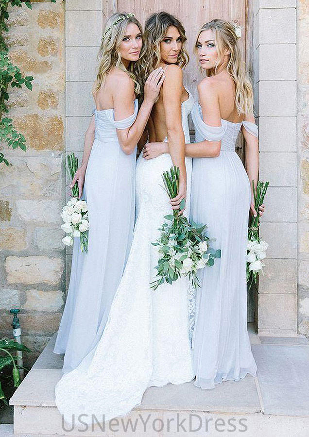 Off-The-Shoulder A-Line/Princess Long/Floor-Length Chiffon Bridesmaid Dresses With Pleated Cristal DJP0025534