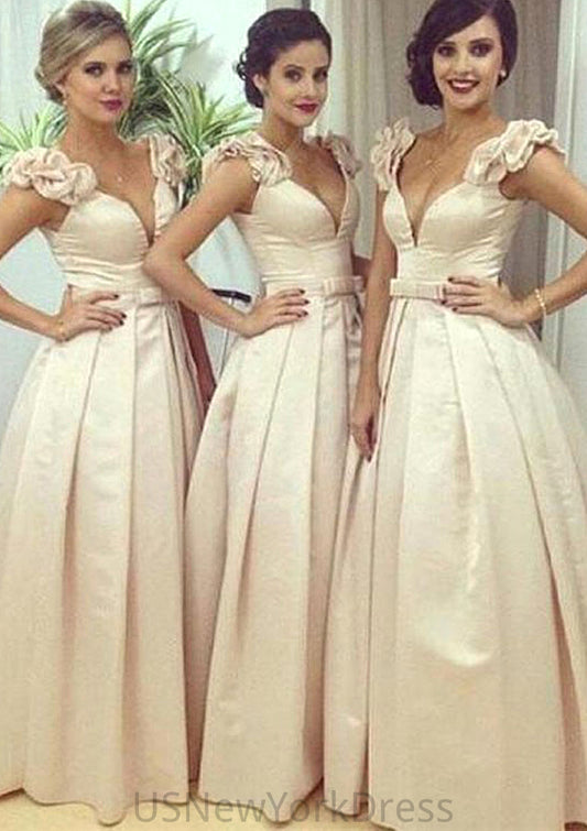 Sleeveless V Neck Long/Floor-Length A-line/Princess Satin Bridesmaid Dresseses With Pleated Waistband Marley DJP0025536