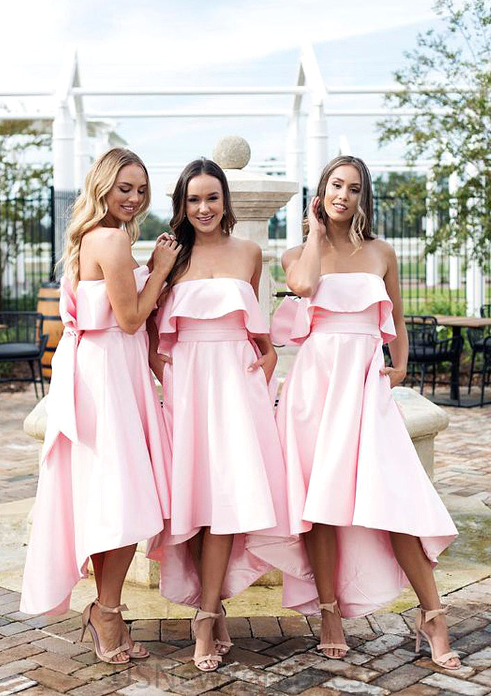 Sleeveless Strapless Asymmetrical A-line/Princess Satin Bridesmaid Dresseses With Bowknot Ruffles Litzy DJP0025539