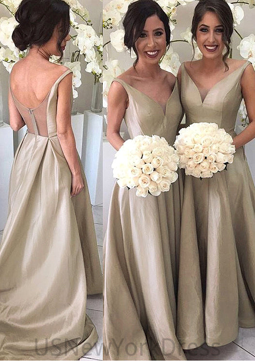 A-Line/Princess Sleeveless V-Neck Zipper Sweep Train Taffeta Bridesmaid Dresses Allyson DJP0025548