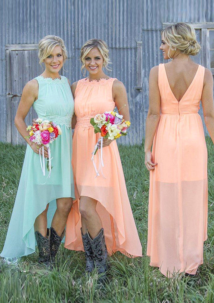 Sleeveless Bateau Asymmetrical A-Line/Princess Chiffon Bridesmaid Dresses With Appliqued Elianna DJP0025549