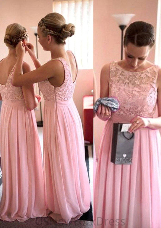 A-Line/Princess Bateau Long/Floor-Length Chiffon Bridesmaid Dresses With Lace Diamond DJP0025552