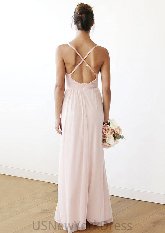 Spaghetti Straps Sleeveless V Neck Long/Floor-Length Chiffon Bridesmaid Dresses With Pleated Joselyn DJP0025561