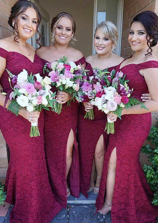 Sleeveless Off-the-Shoulder Long/Floor-Length Trumpet/Mermaid Lace Bridesmaid Dresseses With Split Paloma DJP0025562