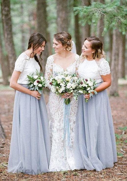 Short Sleeve Scoop Neck Long/Floor-Length A-line/Princess Tulle Bridesmaid Dresseses With Lace Rosalie DJP0025563