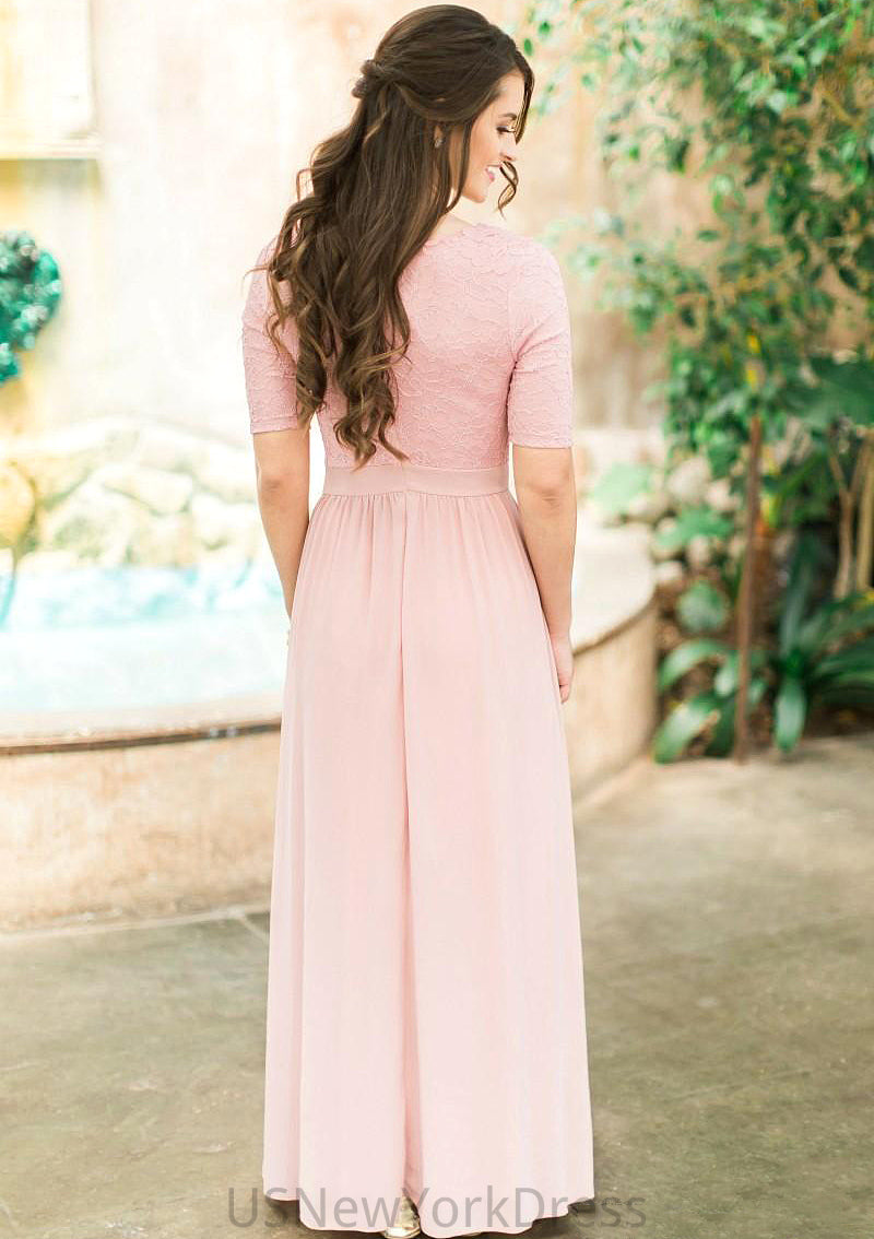 Scoop Neck Short Sleeve Ankle-Length A-line/Princess Chiffon Bridesmaid Dresses With Lace Pleated LuLu DJP0025580