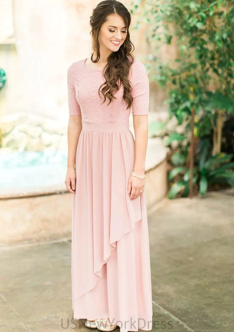 Scoop Neck Short Sleeve Ankle-Length A-line/Princess Chiffon Bridesmaid Dresses With Lace Pleated LuLu DJP0025580