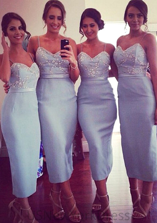 Sleeveless V Neck Tea-Length Sheath/Column Elastic Satin Bridesmaid Dresseses With Appliqued Rowan DJP0025581