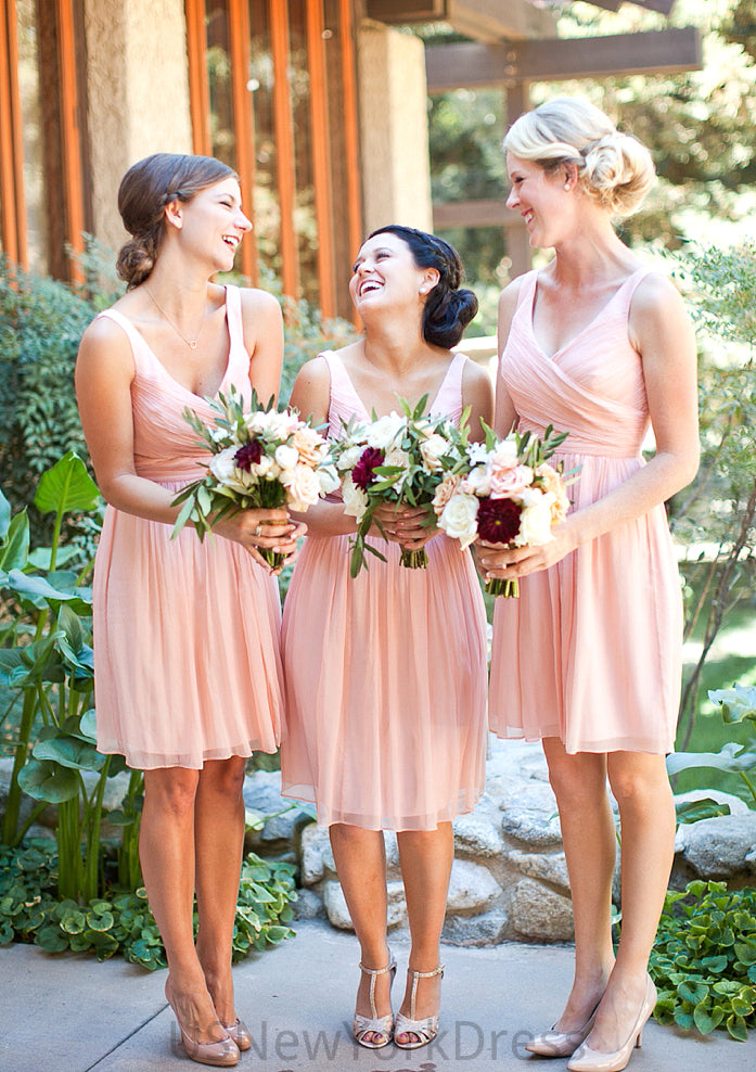 Sleeveless V Neck Short/Mini Chiffon A-line/Princess Bridesmaid Dresseses With Pleated Cailyn DJP0025585