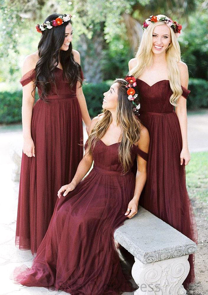 Sleeveless Off-the-Shoulder Long/Floor-Length Tulle A-line/Princess Bridesmaid Dresseses With Pleated Ariella DJP0025591