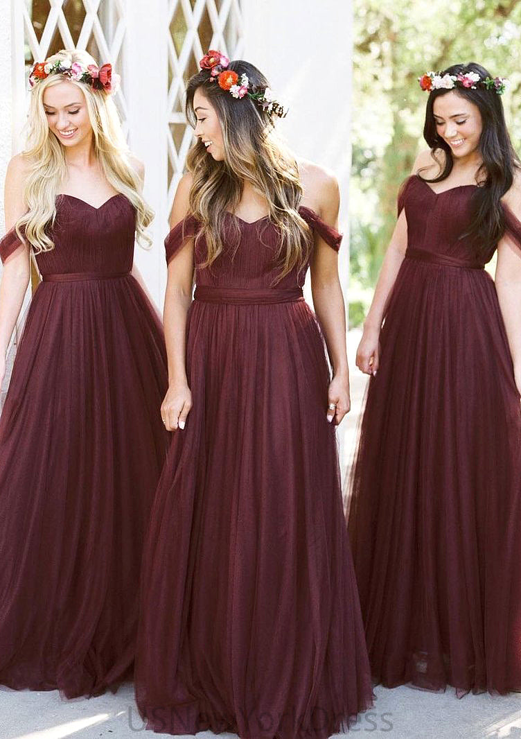 Sleeveless Off-the-Shoulder Long/Floor-Length Tulle A-line/Princess Bridesmaid Dresseses With Pleated Ariella DJP0025591