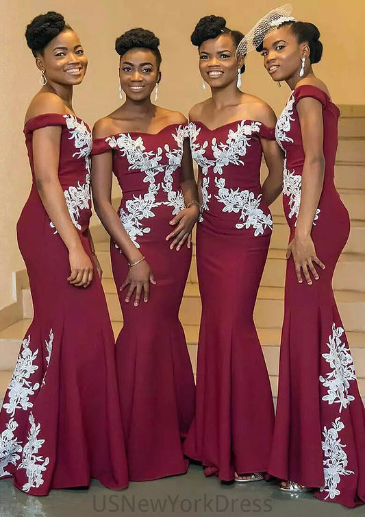 Sleeveless Off-the-Shoulder Long/Floor-Length Trumpet/Mermaid Elastic Satin Bridesmaid Dresseses With Appliqued Emely DJP0025593