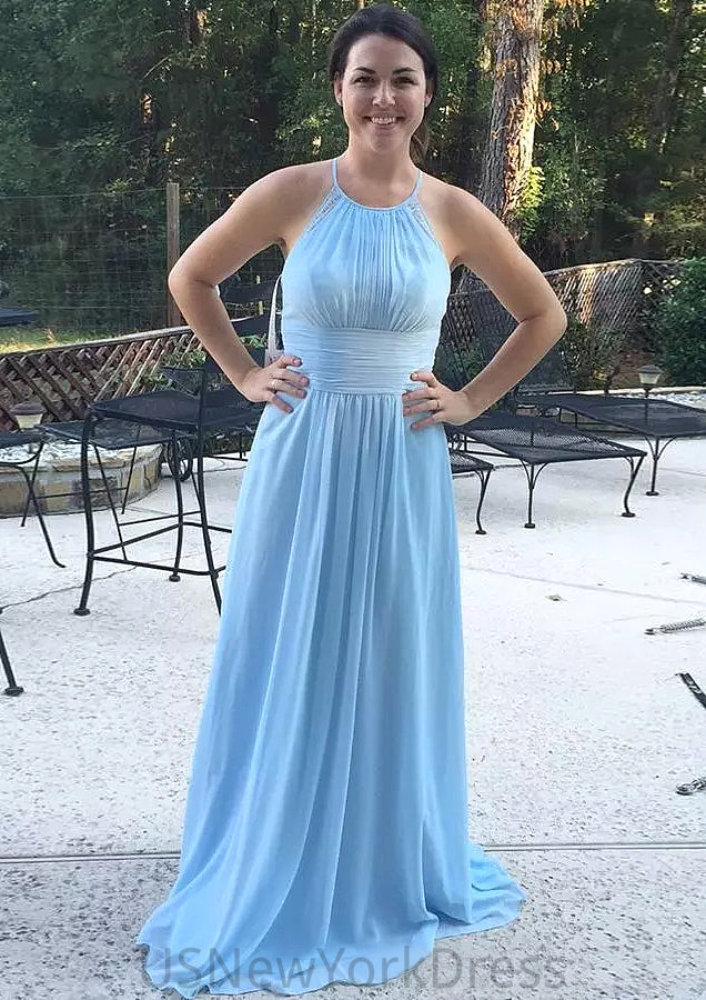 Sleeveless Scoop Neck Long/Floor-Length Chiffon A-line/Princess Bridesmaid Dresses With Pleated Kaylie DJP0025598