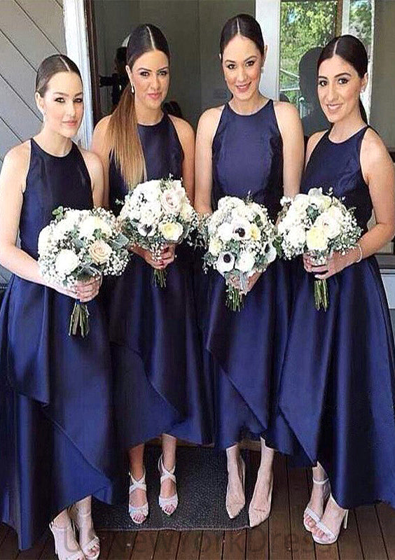 Scoop Neck Sleeveless Asymmetrical A-line/Princess Satin Bridesmaid Dresseses With Pleated Abigail DJP0025599