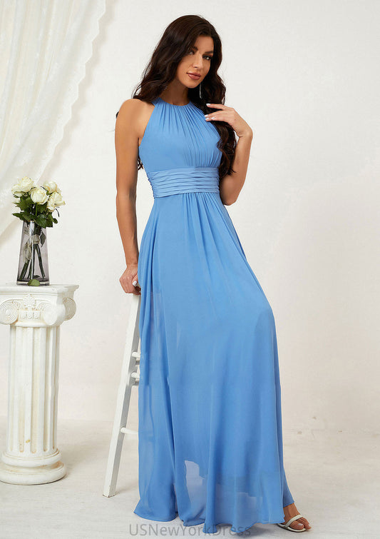 A-line Halter Sleeveless Chiffon Long/Floor-Length Bridesmaid Dresses With Pleated Destinee DJP0025610