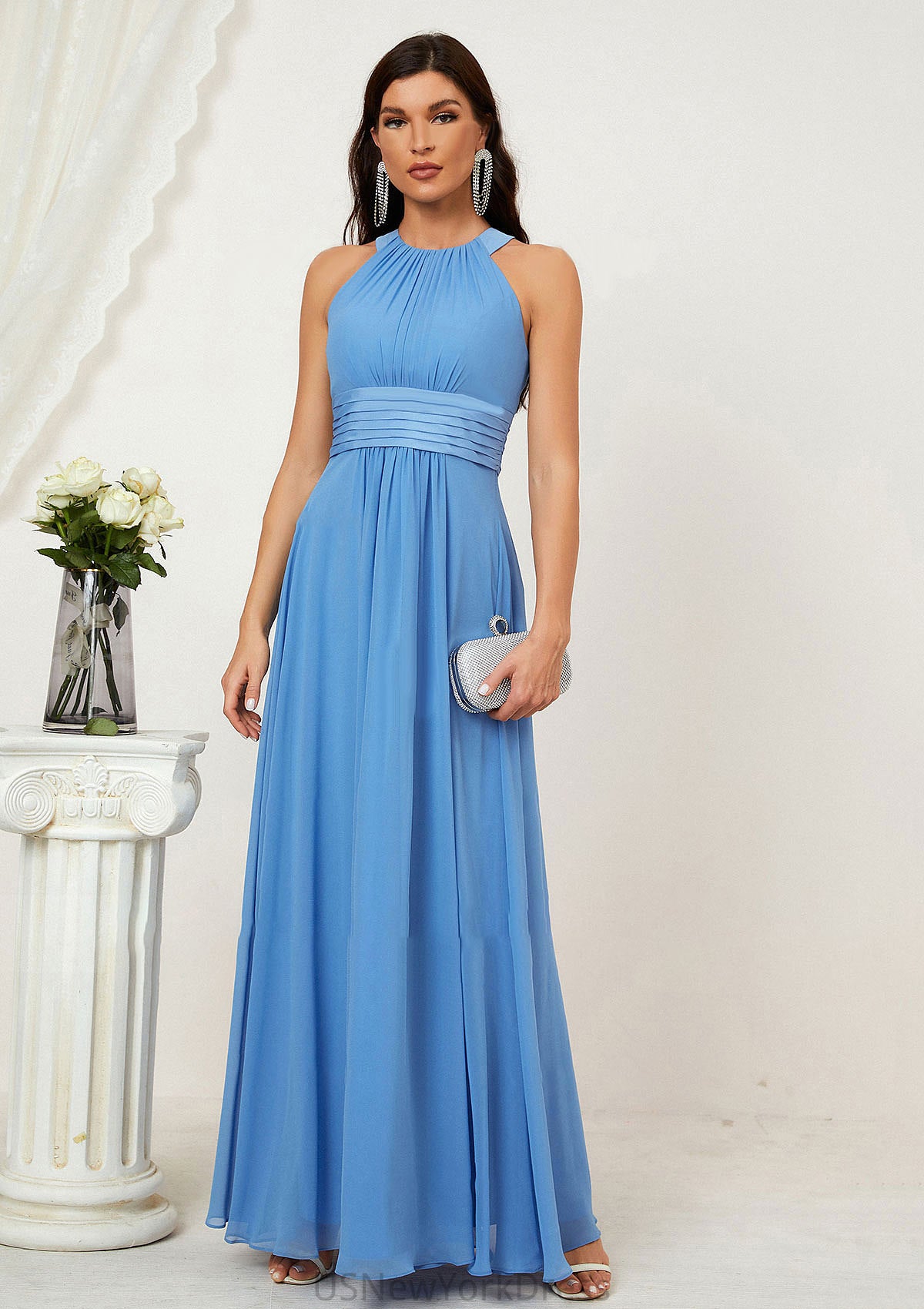 A-line Halter Sleeveless Chiffon Long/Floor-Length Bridesmaid Dresses With Pleated Destinee DJP0025610