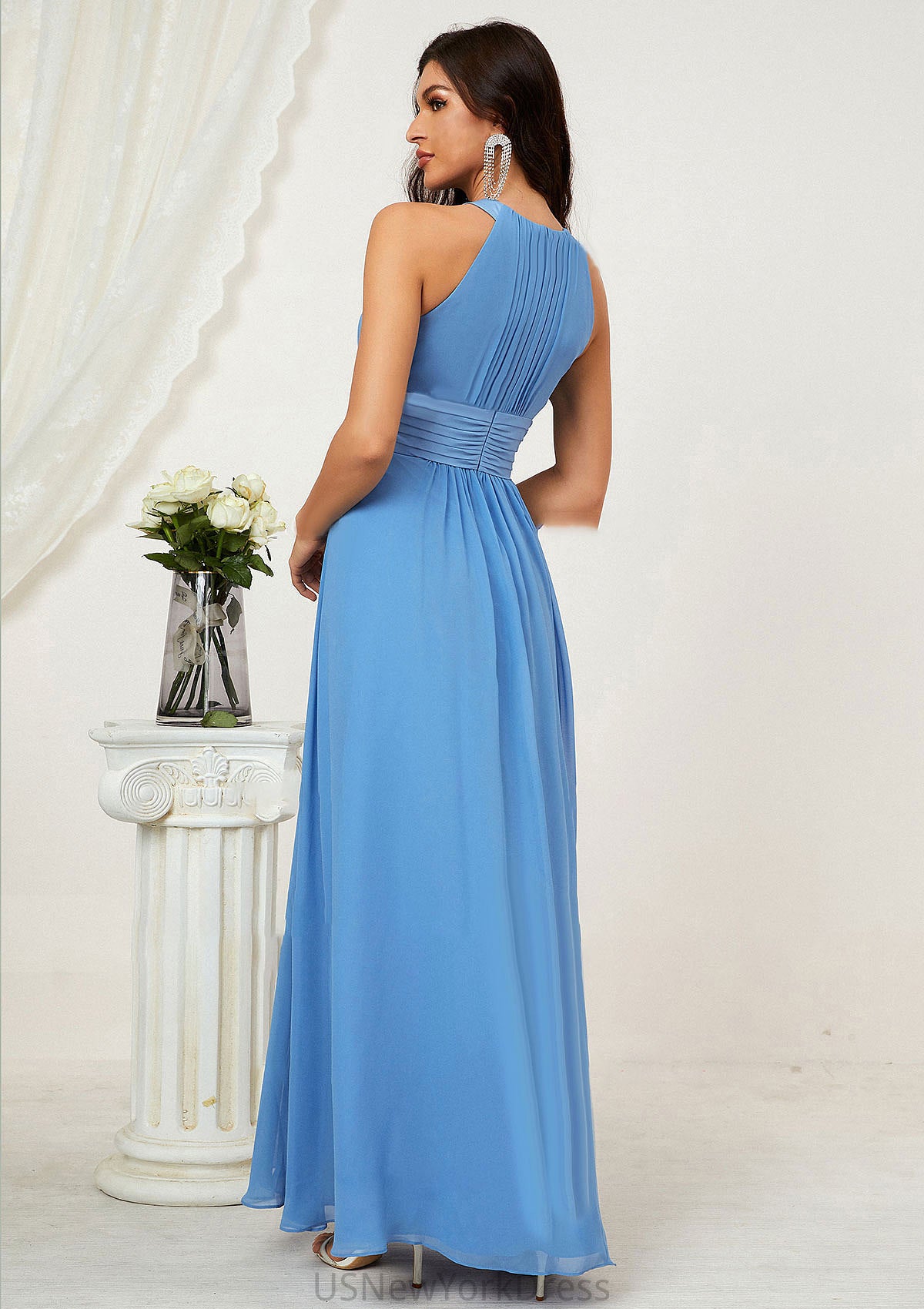 A-line Halter Sleeveless Chiffon Long/Floor-Length Bridesmaid Dresses With Pleated Destinee DJP0025610